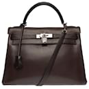 Splendid & Rare Hermes Kelly handbag 32 turned shoulder strap in brown barenia leather, palladium silver metal trim - Hermès