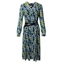 Michael Kors Kate Belted Floral-Print Midi Dress in Blue Polyester
