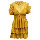 Self-Portrait Embroidered Tiered Mini Dress in Yellow Mustard Polyester - Self portrait