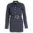 Balmain Belted Jacquard Dress with Gold-Tone Button in Navy Blue Polyester