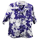 Miu Miu Floral Print Short Sleeve Button Front Shirt in Violet and White Cotton 