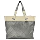 Chanel 1980s vintage tote bag in grey fabric with charm in silver-tone 
