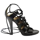 Yves Saint Laurent Lace Up Cage High Heel Sandals in Black Leather 