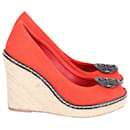 Tory Burch Cerise Peep Toe Wedge in Red Canvas