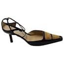 Manolo Blahnik Two Toned Ankle Strap Mid Heel Sandals in Black and Brown Leather 