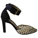 Paul Andrew Cane Weave Heeled Sandals in Dark Chocolate Brown and Cream Leather 
