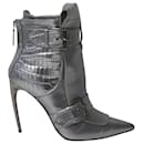 Alexander Mcqueen Croc-Embossed Ankle Boots in Metallic Silver Leather