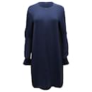 Sportmax Front Zip Long Sleeve Mini Dress in Navy Blue Silk