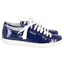 Prada Lace Up Sneakers with Emblem in Blue Patent Leather