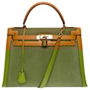 Very Rare Hermes Kelly Handbag 32 Bi-material shoulder saddler in Kaki canvas and Courchevel Gold leather, gold plated metal trim - Hermès