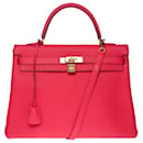 Exceptional Hermès Kelly handbag 35 reverse Togo leather shoulder strap Rose lipstick , gold plated metal trim