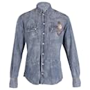 Dolce & Gabbana Clock Embroidered Long Sleeve Button Front Shirt in Blue Cotton Denim 