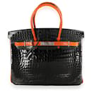 Hermes Limited Edition Black & Orange Shiny Porosus Crocodile Birkin 35 Phw  - Hermès