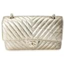 Chanel Gold Chevron Quilted Patent Leather Medium Classic Double Flap Bag 