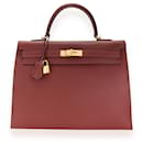 Hermes Rouge H Sombrero Sellier Kelly 35 Ghw With Striped Canvas Strap - Hermès