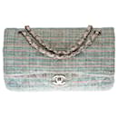 Beautiful Chanel Timeless Medium Bag 25 cm with lined flap in water green tweed, orange and blue, Garniture en métal argenté