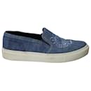 Kenzo Embroidered Slip On Sneakers in Blue Cotton Denim 