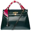 Rare Hermes Kelly handbag 32 turned shoulder strap in fir green box leather, gold plated metal trim - Hermès