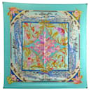 HERMES TROPICAL SCARF LAURENCE BOURTHOUMIEUX CARRE 90 BLUE SILK SCARF - Hermès