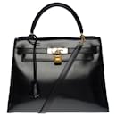 Stunning Hermes Kelly handbag 28cm saddler shoulder strap in black box leather, gold plated metal trim - Hermès