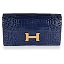 Hermes Bleu Saphir & Bleu Paon Shiny Alligator Constance Wallet Ghw - Hermès