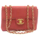 CHANEL Mademoiselle Big Coco Double Chain Shoulder Bag Lamb Skin Red Auth 29129A - Chanel