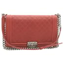 CHANEL Boy Chanel Matelasse Chain Flap Shoulder Bag Leather Red CC Auth 28281a