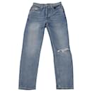 Redone Cropped Distressed Straight Jeans in Blue Denim - Re/Done