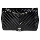 Chanel Black Chevron Quilted Patent Leather Jumbo Classic Single Flap Bag