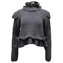 Ganni Cut Out Ruffled Ribbed Sweater in Grey Wool