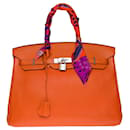 Stunning Hermes Birkin handbag 35 in Taurillon Clémence Orange leather , palladium silver metal trim - Hermès