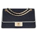 Sublime and rare Chanel Timeless/Classique handbag in navy blue jersey with white diamond stitching and beige patent leather, matte gold metal trim
