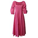 Staud Swells Puff Sleeve Midi Dress in Pink Linen 