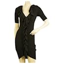 Karen Millen Black Ruffled Front Mini Length Short Sleeve Woolen Knit dress Sz 1