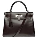 Exceptional & Rare Hermes Kelly Handbag 28 turned shoulder strap in brown box leather, palladium silver metal trim - Hermès