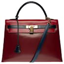 Stunning Hermes Kelly handbag 32 Tricolor "Arlequin" shoulder saddler in Red H box leather, Burgundy and Navy, gold plated metal trim - Hermès