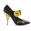 Prada Black Satin Embellished Gold & Crystal Heel Pumps