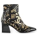 Chanel Black and Metallic Gold Leather Graffiti Ankle Booties