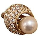 Christian Dior Costume Pearl Pave Stone Moon Earring/Alloy/Plating-5.0g/Gold/White/Christian Dior Golden