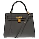 Exceptional Hermès Kelly handbag 25 turned over shoulder strap in pewter gray Togo leather, palladium silver metal trim
