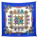 HERMES SCARF THE RIBBONS OF THE HORSE METZ CARRE 90 SILK BLUE SILK SCARF - Hermès