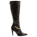 Brown Croc Embossed Leather Boots with Gold Chain - Céline