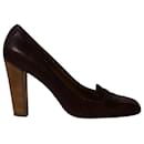 Prada Court Square Toe Heels in Brown Leather