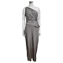 One shouldered pear grey silk and lace Marchesa Notte maxi dress