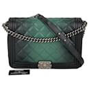 CHANEL Bag Dark Green Ombre Quilted Glazed Leather Large Boy Authentic preowned - Chanel