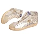 Sneakers Slide avec tige en cuir lamé et paillettes argentées - Golden Goose Deluxe Brand