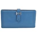 HERMES Bean Long Wallet Leder Blau Auth mt026 - Hermès