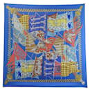 HERMES SCARF STANDARDS AND BANNERS FAIVRE CARRE 90 SILK BLUE SILK SCARF - Hermès