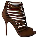 Gucci Strappy Saddle Tamponato Heels in Brown Tan Leather