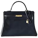 Hermes Kelly bag 32 navy blue box leather - Hermès